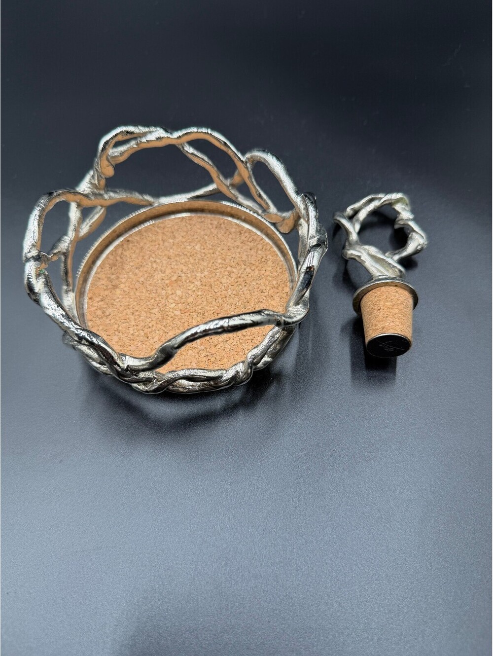 Michael Aram Wisteria Silver Vine Wine Bottle Coaster and Stopper Set Cork New!